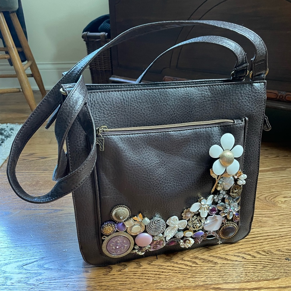 One-of-a-kind Relic Brown Shoulder Bag with Vintage Jewelry Embellishment